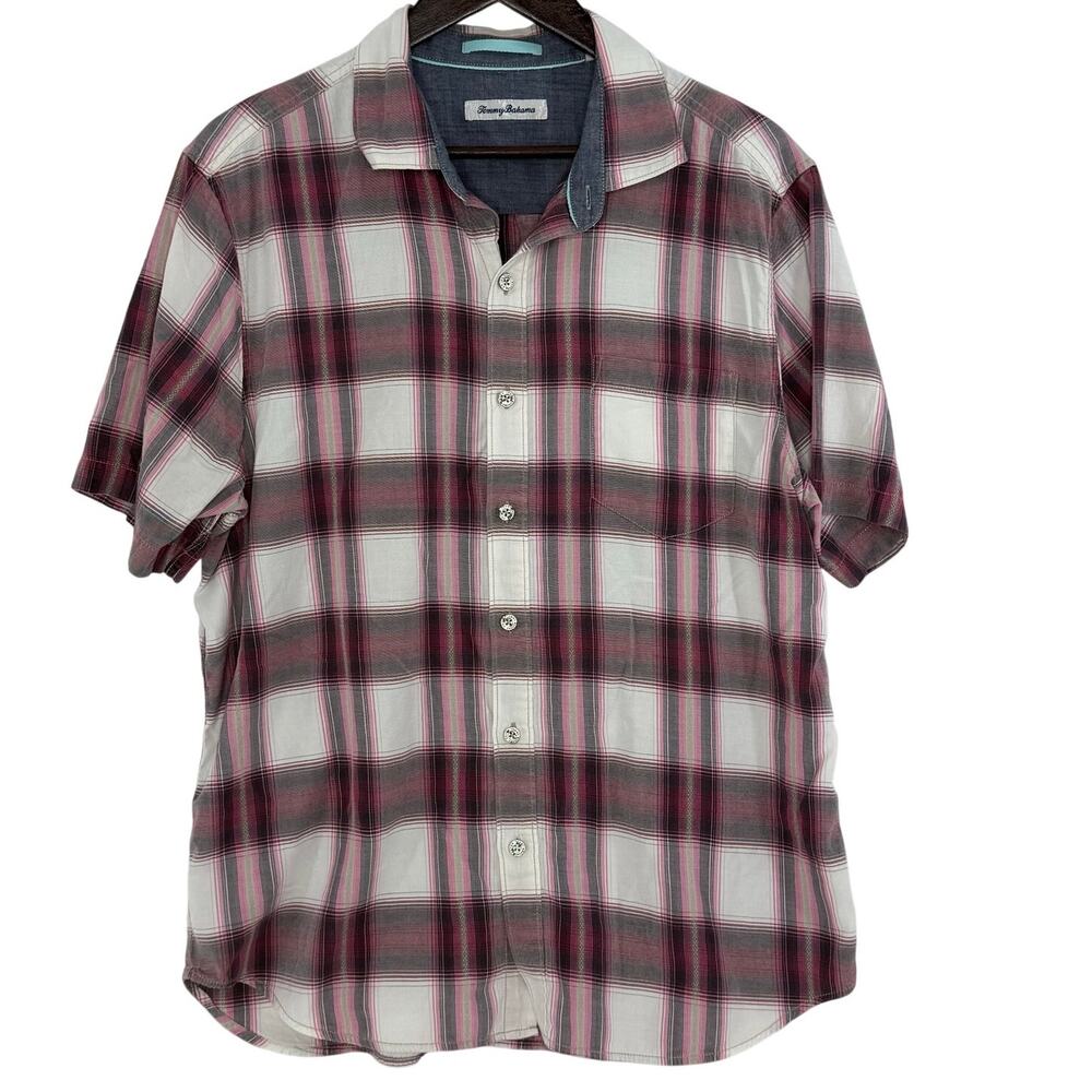 Tommy Bahama Pink Plaid Short Sleeve Button Front Shirt Men’s Large